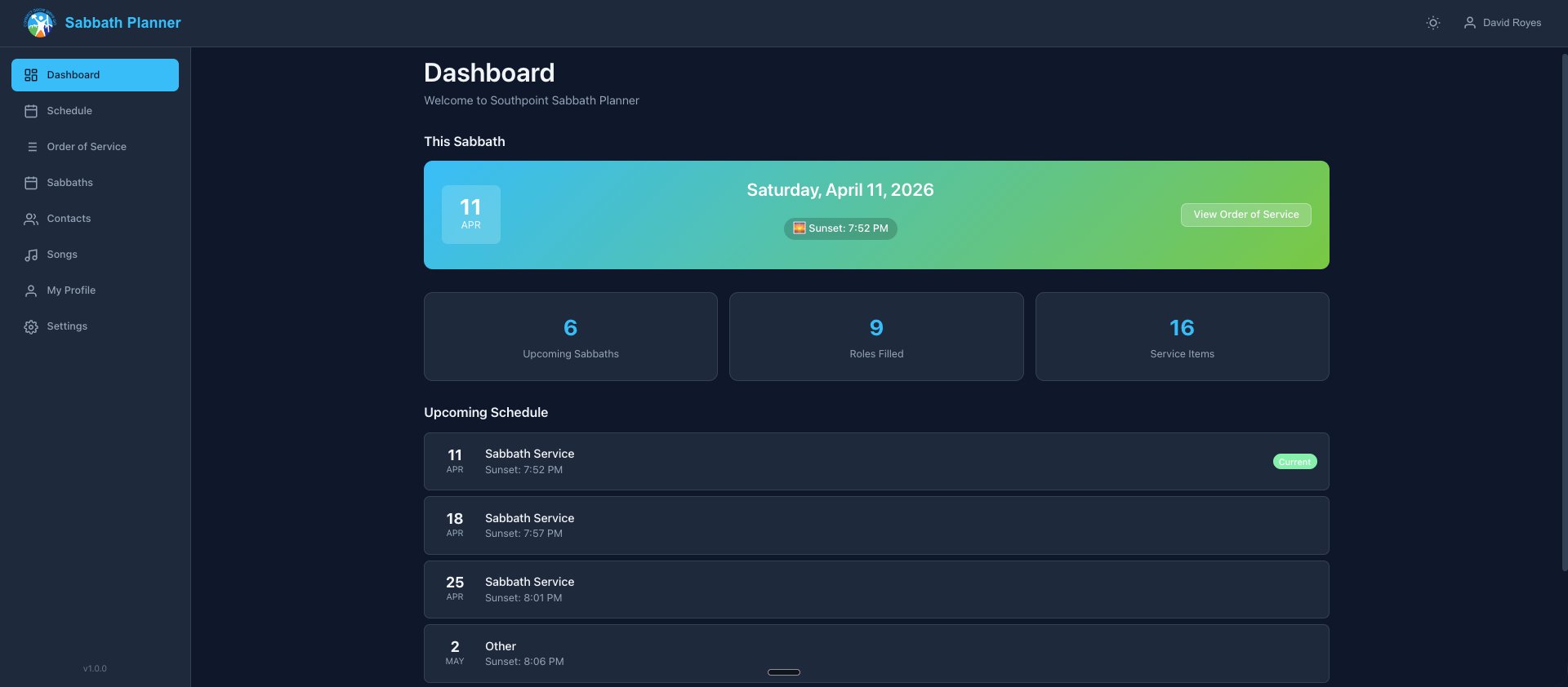 SDA Planner Dashboard — upcoming Sabbaths with sunset times