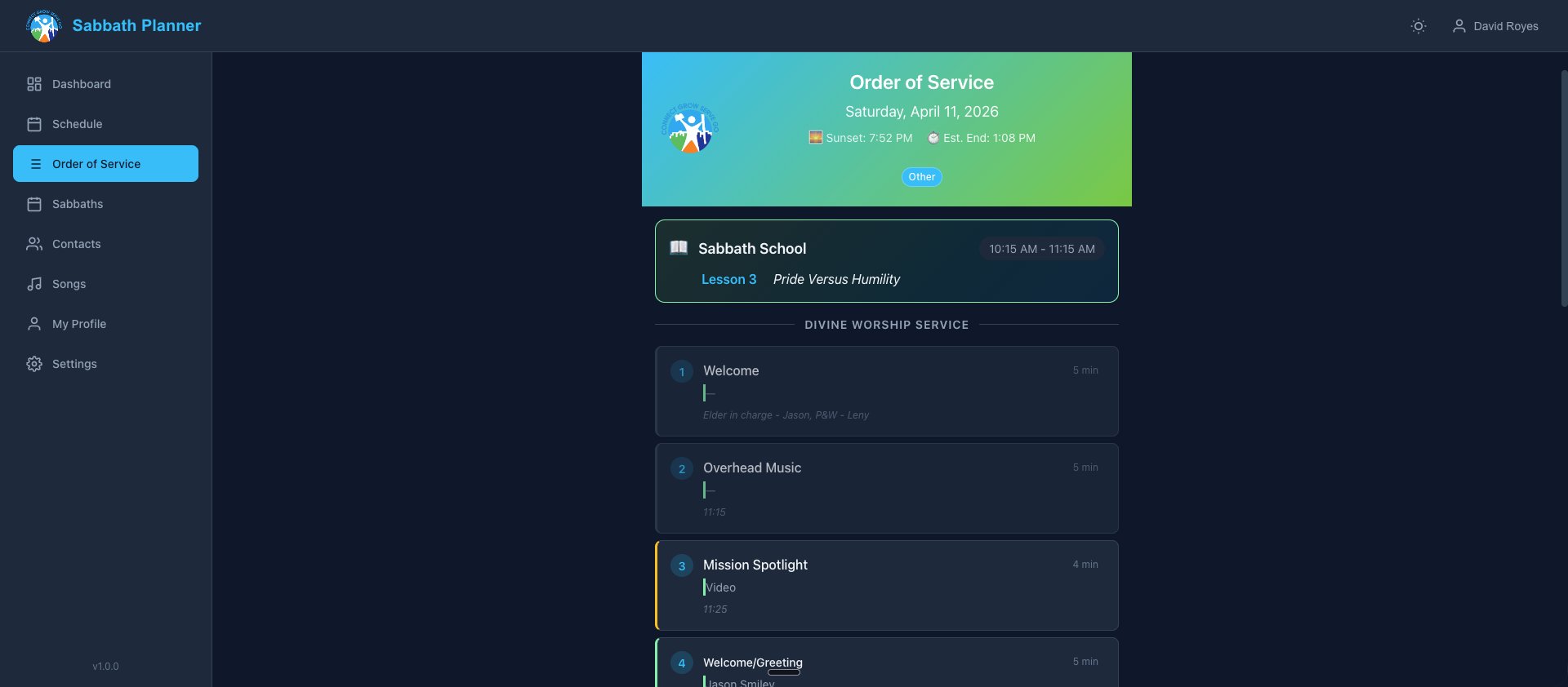 Order of Service with Sabbath School and Divine Service