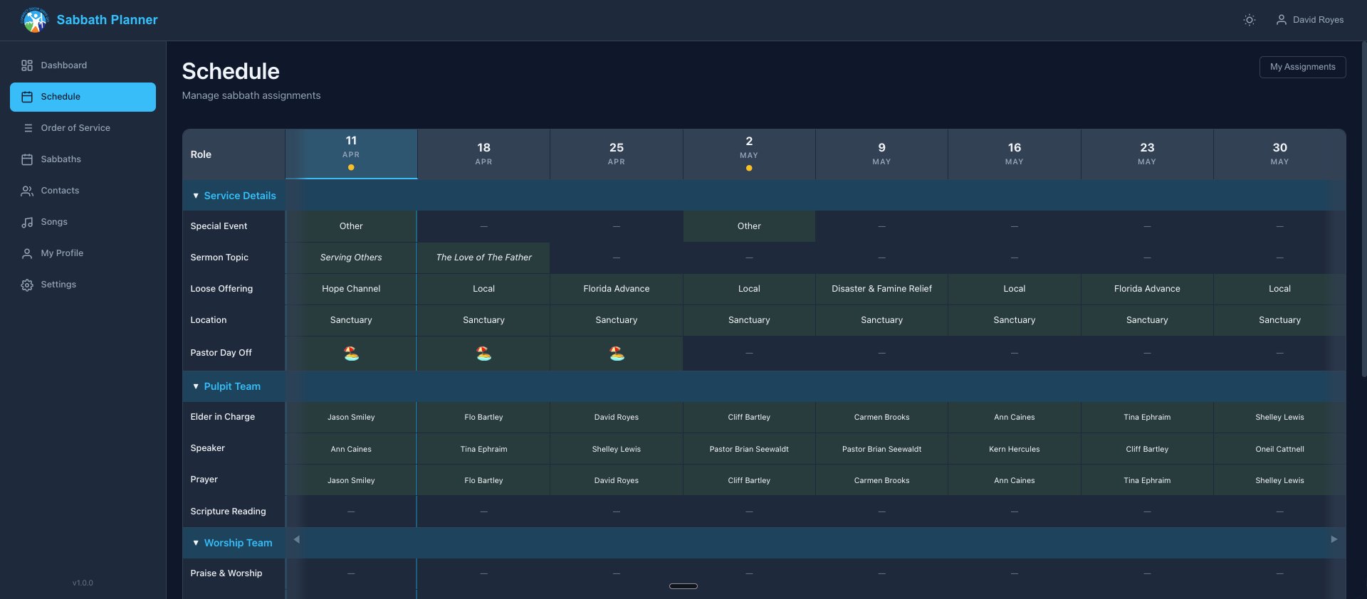 Sabbath schedule grid with role assignments